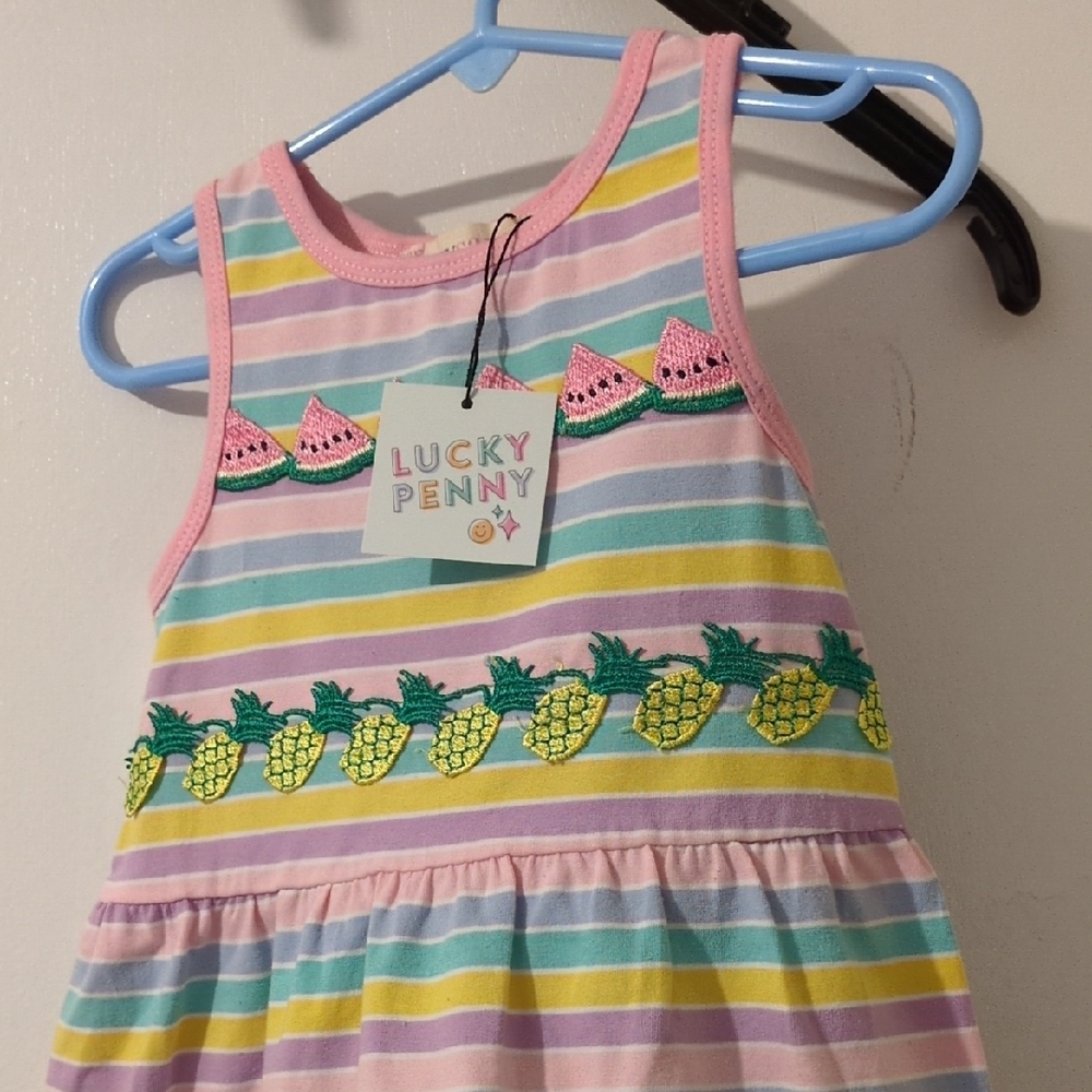 Lucky Penny Girl Striped Multicolor Front Fruit Appliques Trim Sun Dress 3T